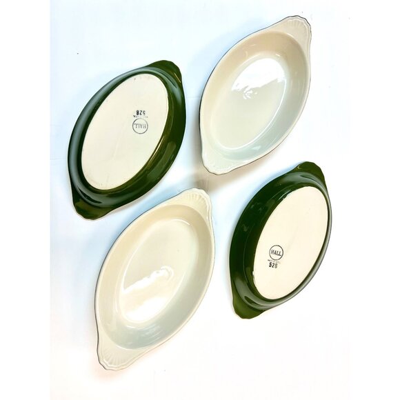 Set Of 4 Hall 528 Oval Green & White Ceramic Baking Dishes Made In USA Vintage - Picture 2 of 8